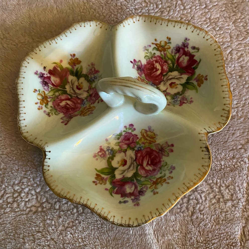 Norcrest French bouquet Porcelain Divided Dish. Light mint color. 1952